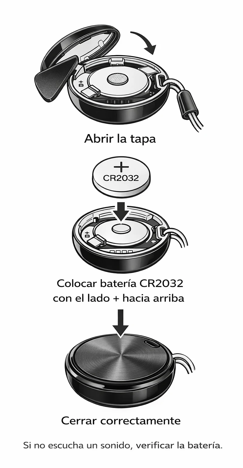 Diagrama: abrir tapa, colocar batería CR2032, cerrar correctamente
